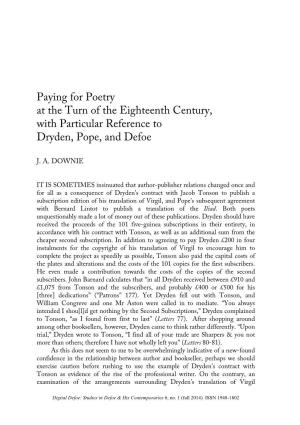 Paying for Poetry at the Turn of the Eighteenth Century, with Particular Reference to Dryden, Pope, and Defoe