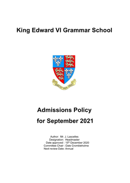 King Edward VI Grammar School Admissions Policy