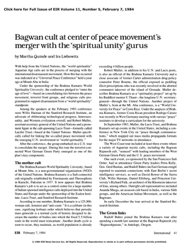 Bagwan Cult at Center of Peace Movement's Merger with the 'Spiritual Unity' Gurus