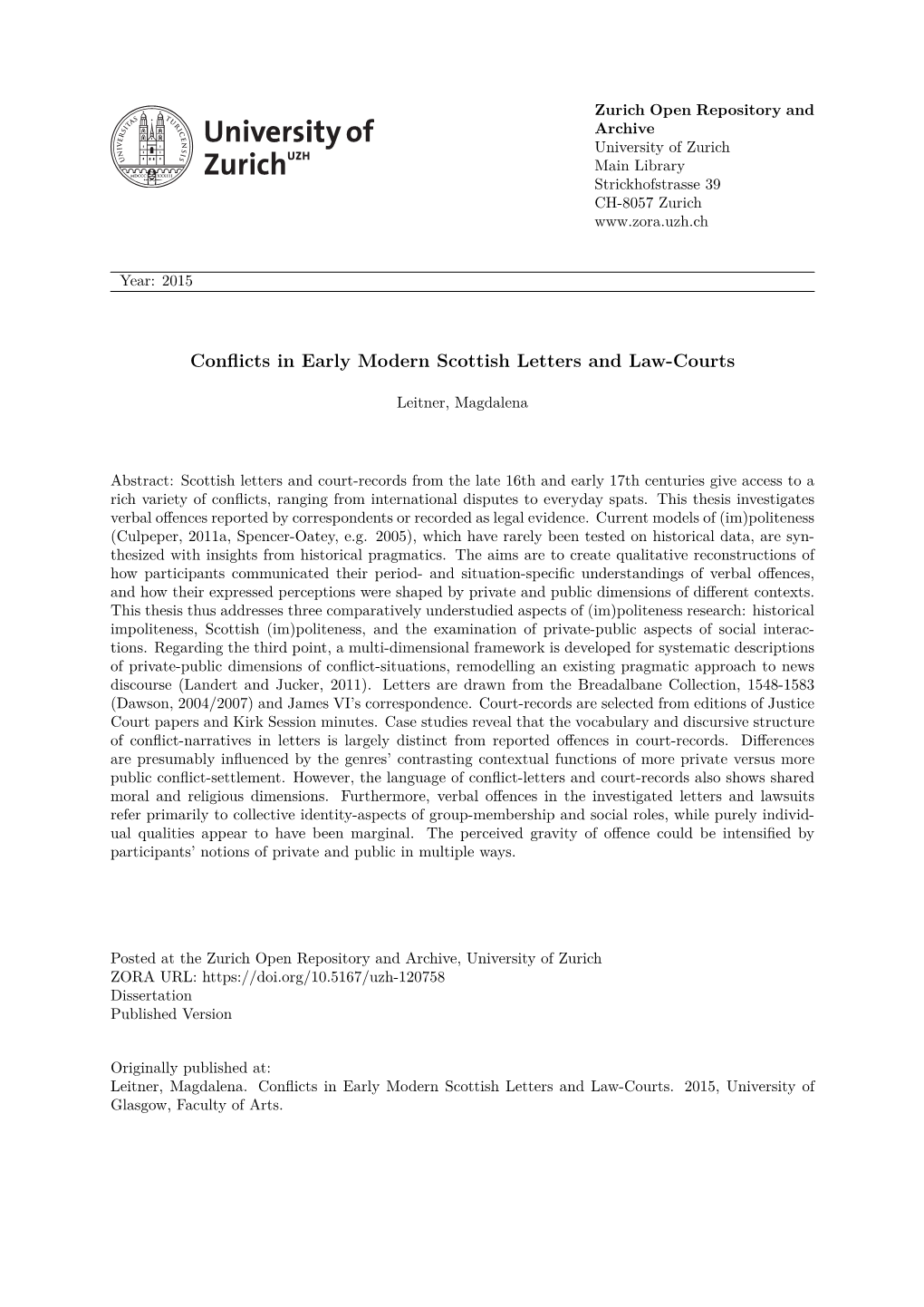 Conflicts in Early Modern Scottish Letters and Law-Courts