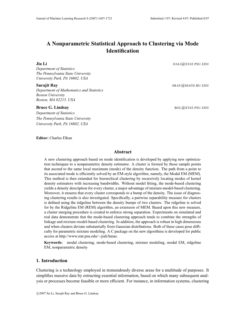 A Nonparametric Statistical Approach to Clustering Via Mode Identification