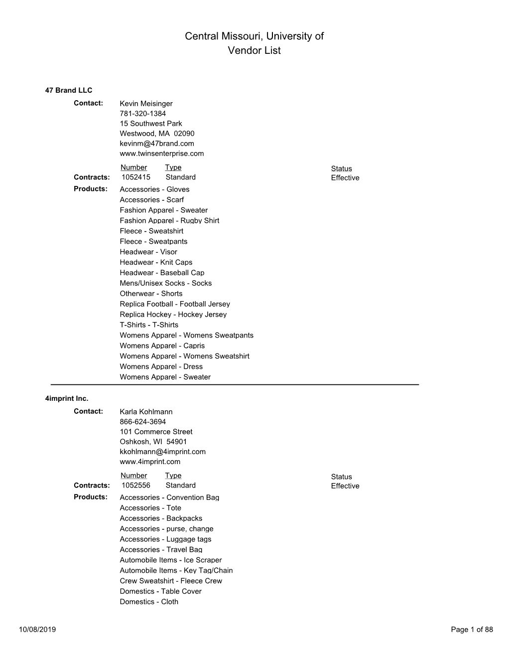 Central Missouri, University of Vendor List