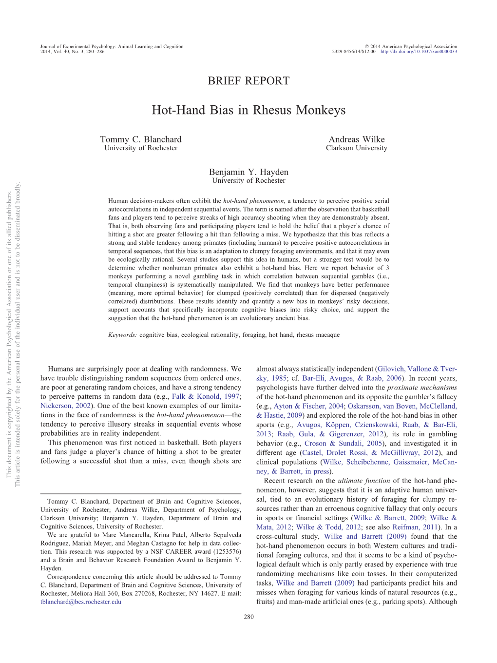 Hot-Hand Bias in Rhesus Monkeys