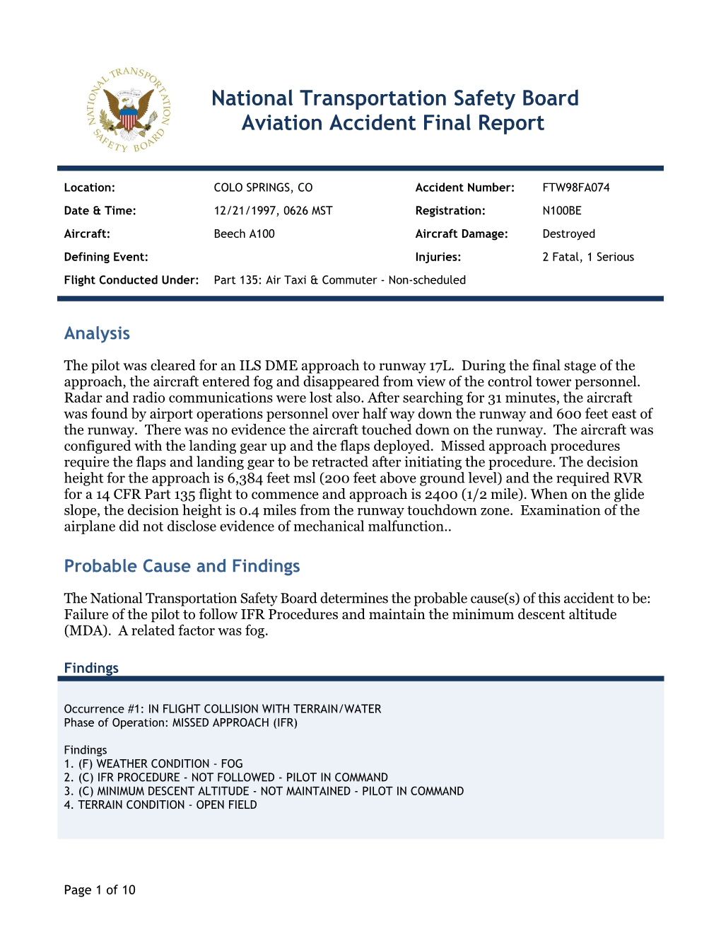 National Transportation Safety Board Aviation Accident Final Report