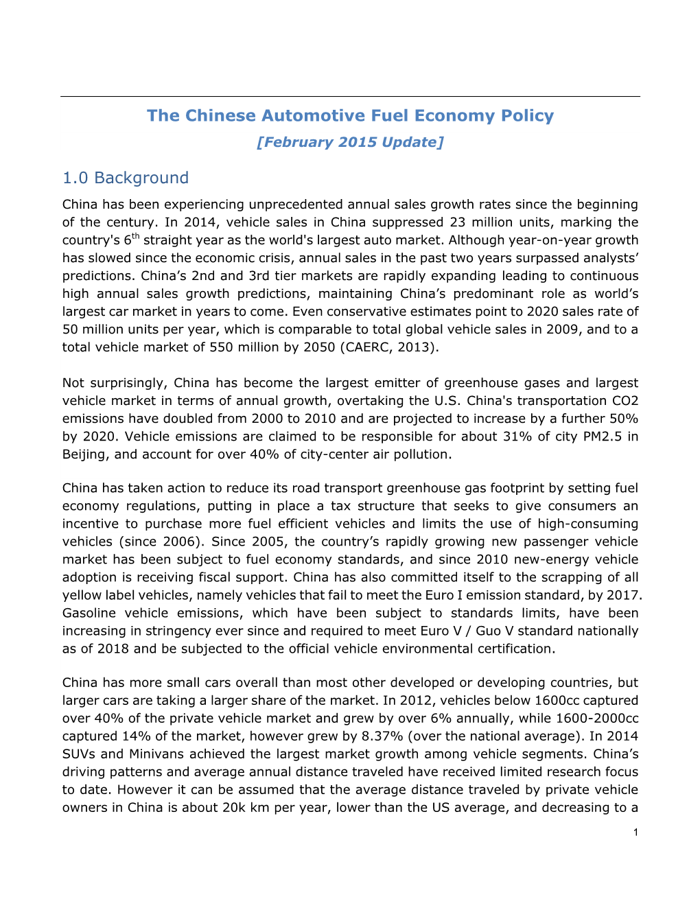 The Chinese Automotive Fuel Economy Policy 1.0 Background