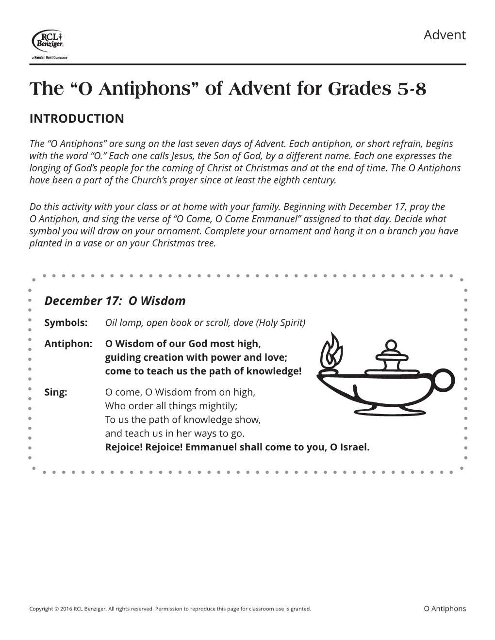 The “O Antiphons” of Advent for Grades 5-8