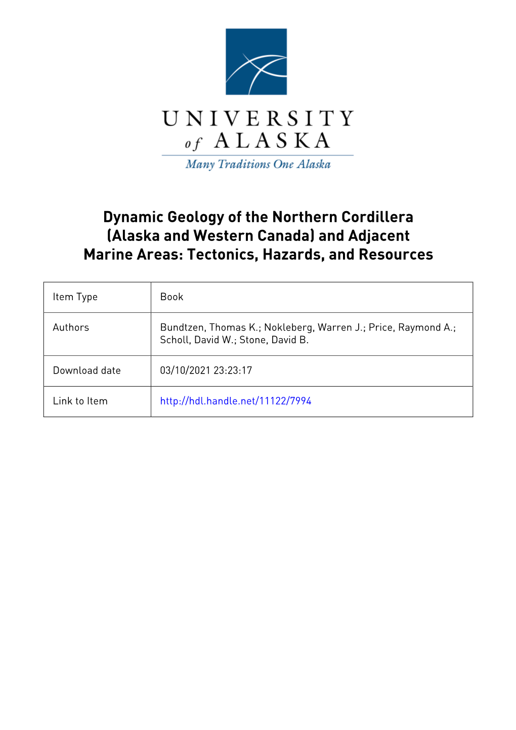 E-Book on Dynamic Geology of the Northern Cordillera (Alaska and Western Canada) and Adjacent Marine Areas: Tectonics, Hazards, and Resources