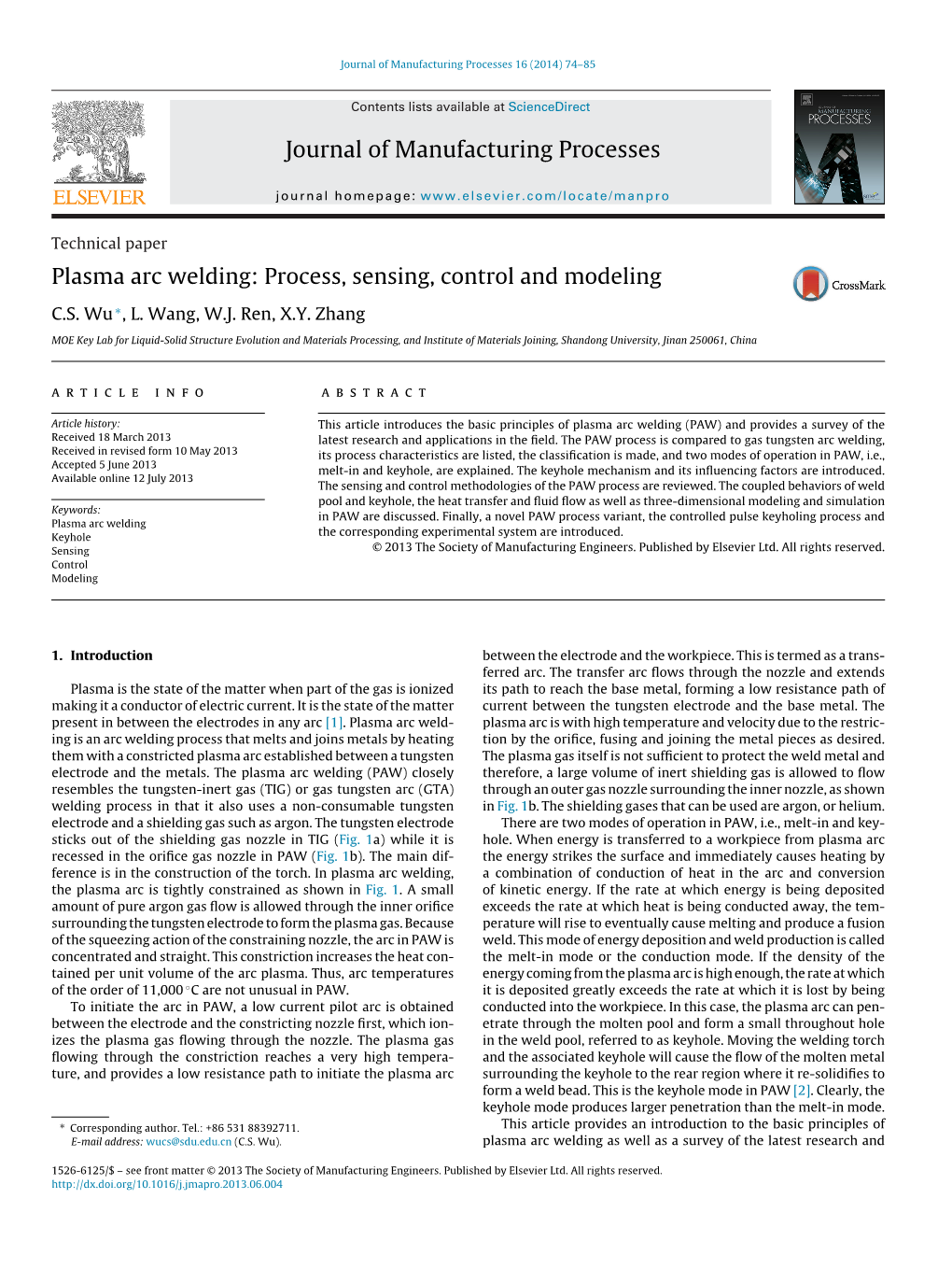 Plasma Arc Welding: Process, Sensing, Control and Modeling