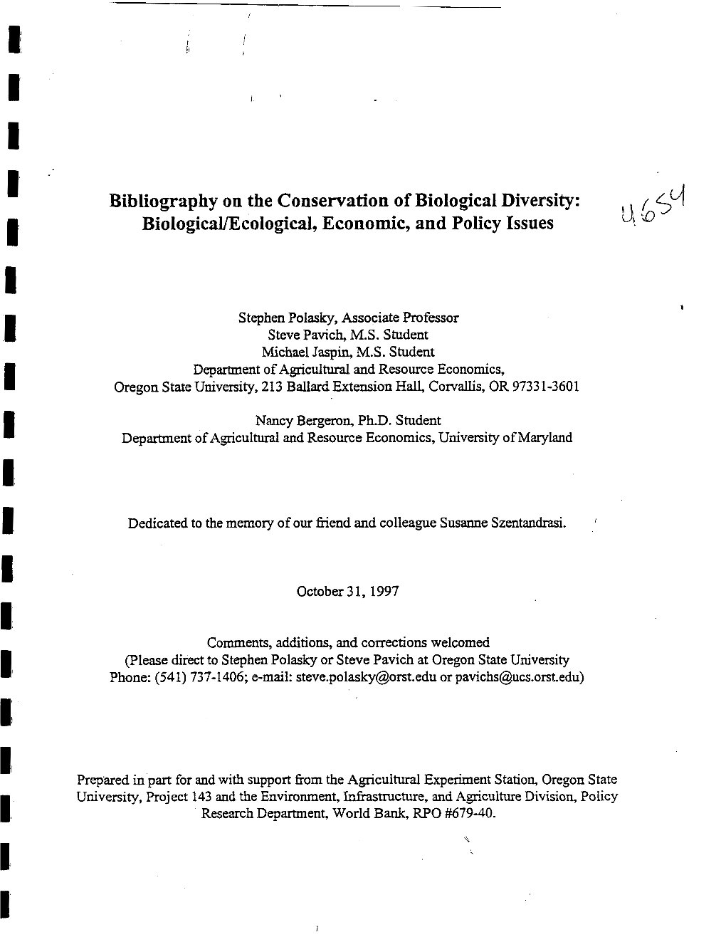 Bibliography on the Conservation of Biological Diversity: Biological