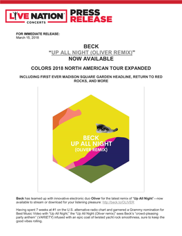 Beck “Up All Night (Oliver Remix)” Now Available