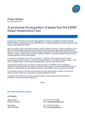 3I Announces the Acquisition of Assets from the EISER Global Infrastructure Fund