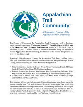 The County of Warren and the Appalachian Trail Conservancy Will Be Hosting a Public Outreach Meeting on Wednesday March 23Rd from 10:00 A.M