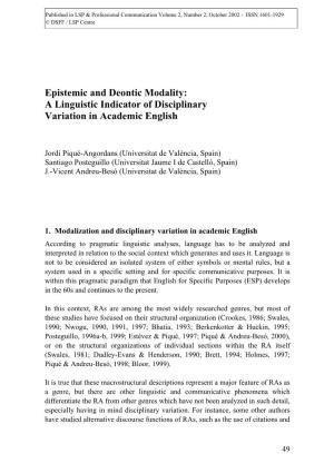 Epistemic and Deontic Modality: a Linguistic Indicator of Disciplinary Variation in Academic English