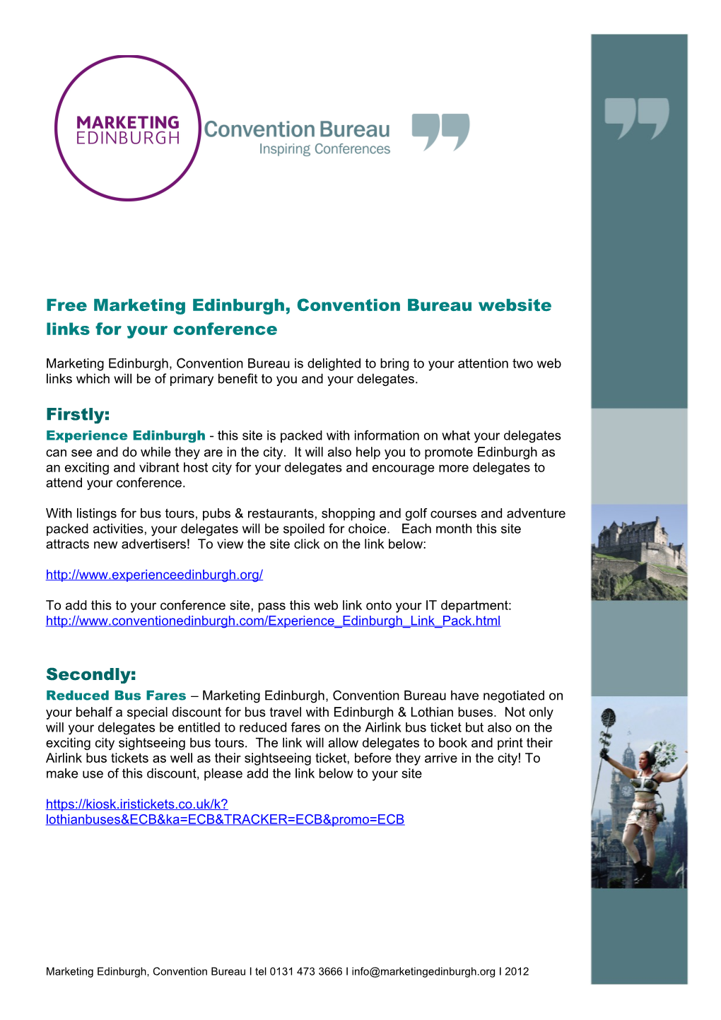 Free Marketing Edinburgh, Convention Bureau Website Links for Your Conference