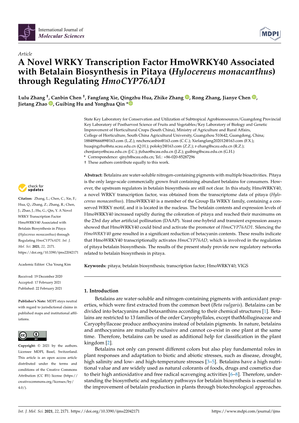 A Novel WRKY Transcription Factor Hmowrky40 Associated with Betalain Biosynthesis in Pitaya (Hylocereus Monacanthus) Through Regulating Hmocyp76ad1