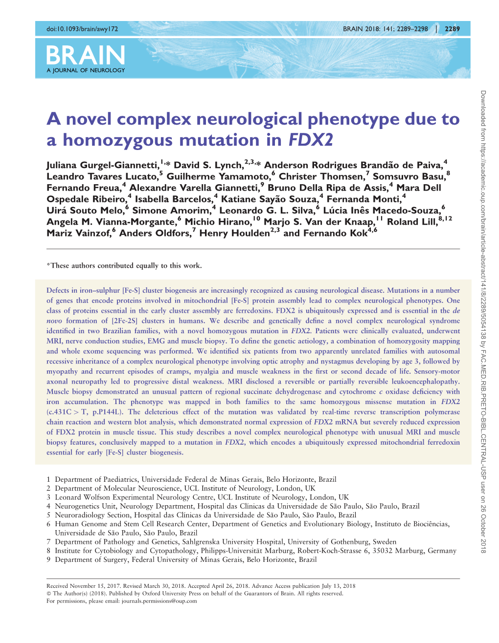 A Novel Complex Neurological Phenotype Due to a Homozygous Mutation in FDX2