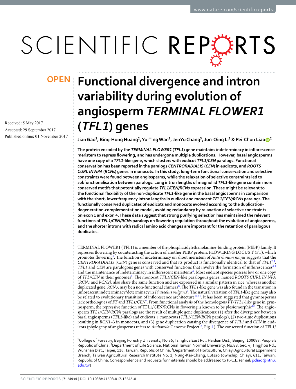 Genes Published: Xx Xx Xxxx Jian Gao1, Bing-Hong Huang2, Yu-Ting Wan2, Jenyu Chang3, Jun-Qing Li1 & Pei-Chun Liao 2