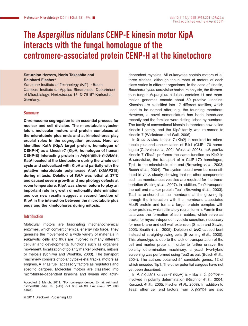 The Aspergillus Nidulans CENPE Kinesin Motor Kipa Interacts With