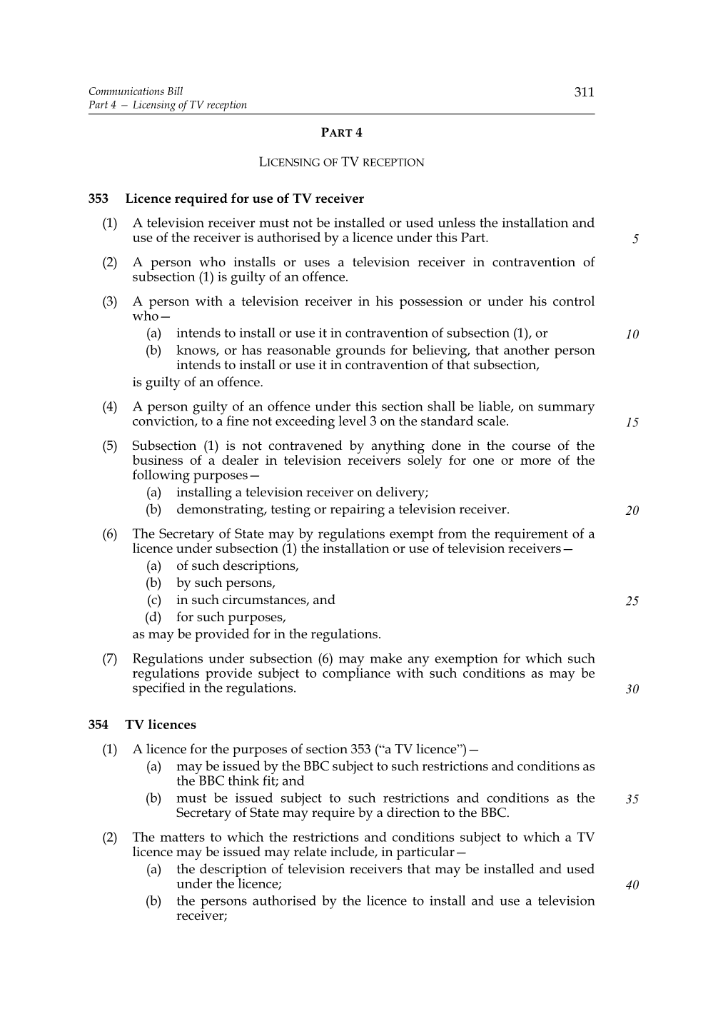 Communications Bill 311 Part 4 — Licensing of TV Reception