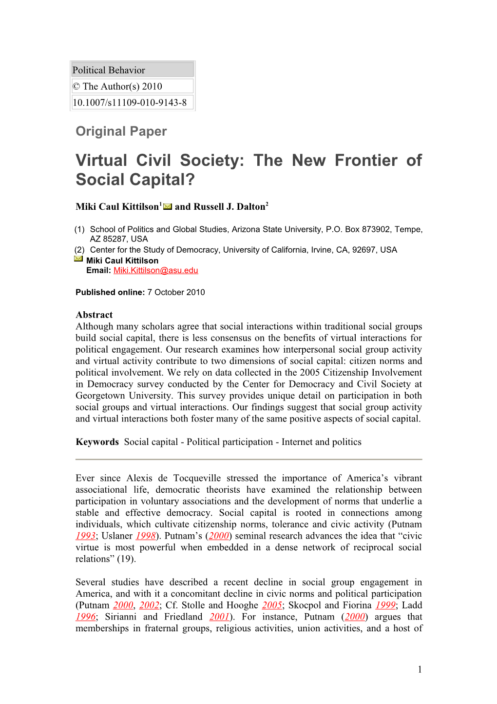 Virtual Civil Society: the New Frontier of Social Capital?