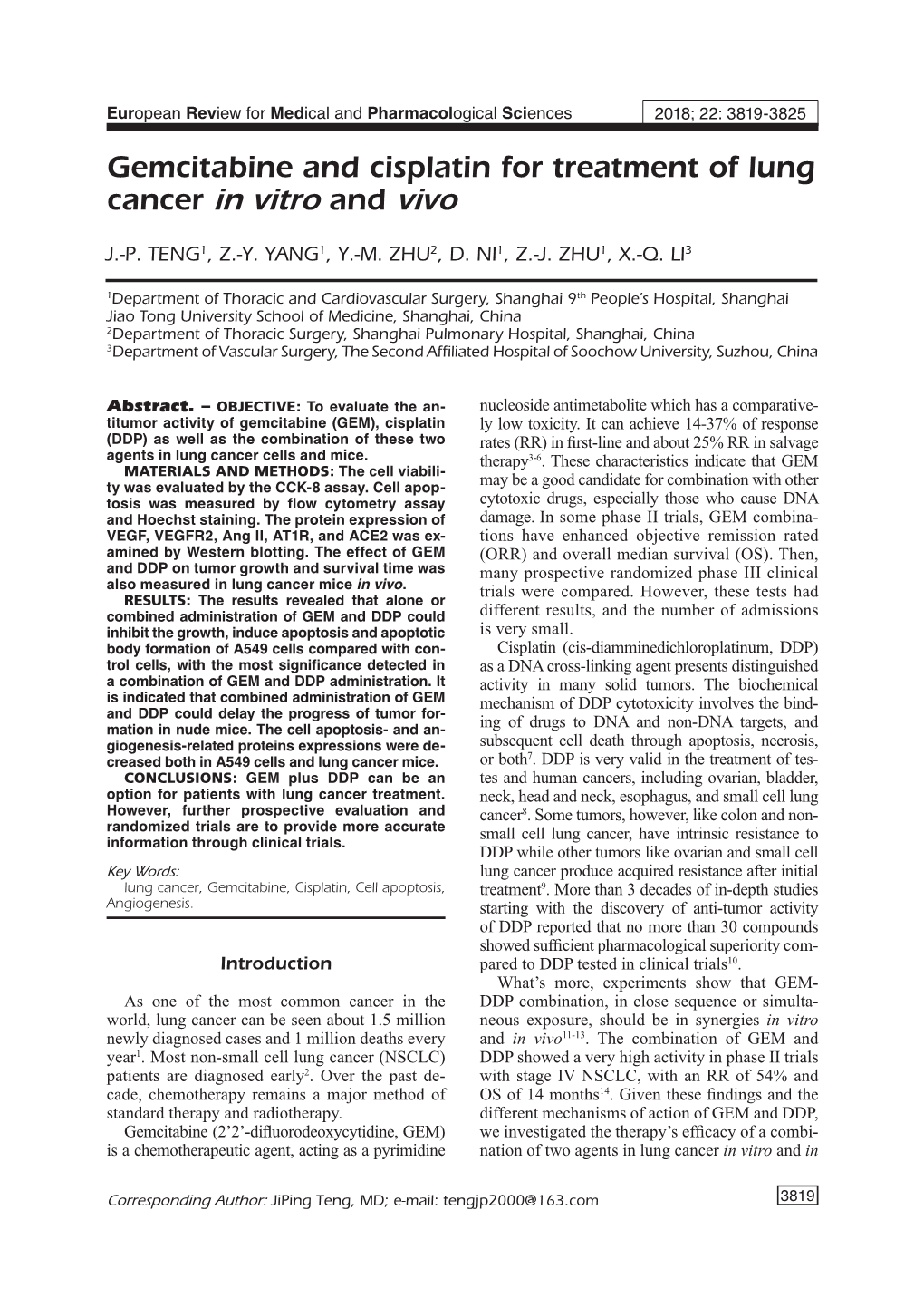 Gemcitabine and Cisplatin for Treatment of Lung Cancer in Vitro and Vivo