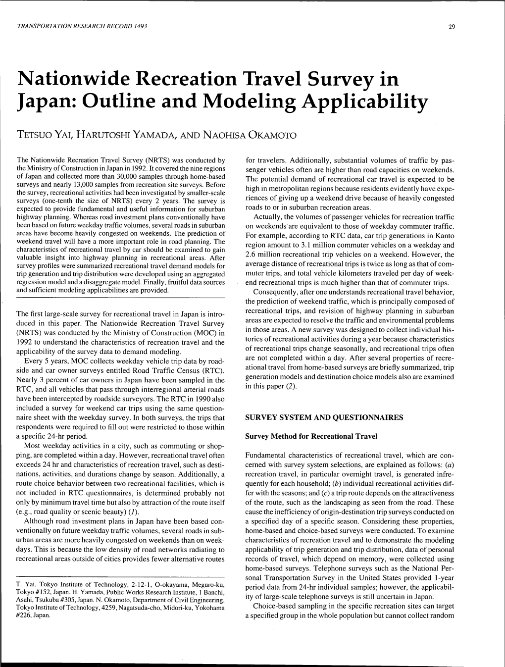 Nationwide Recreation Travel Survey in Japan: Outline and Modeling Applicability