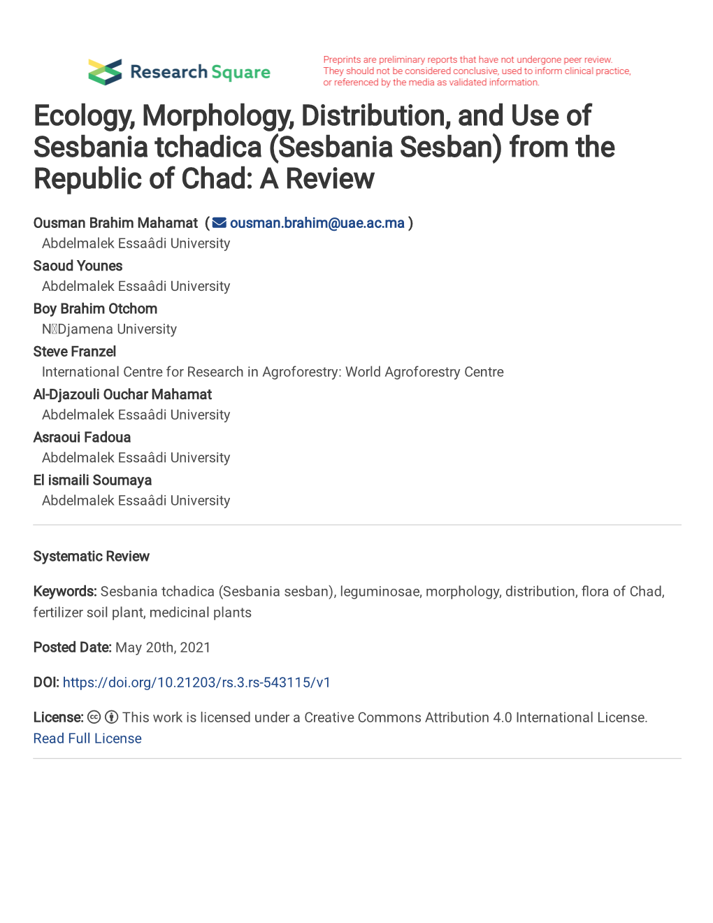 Sesbania Sesban) from the Republic of Chad: a Review