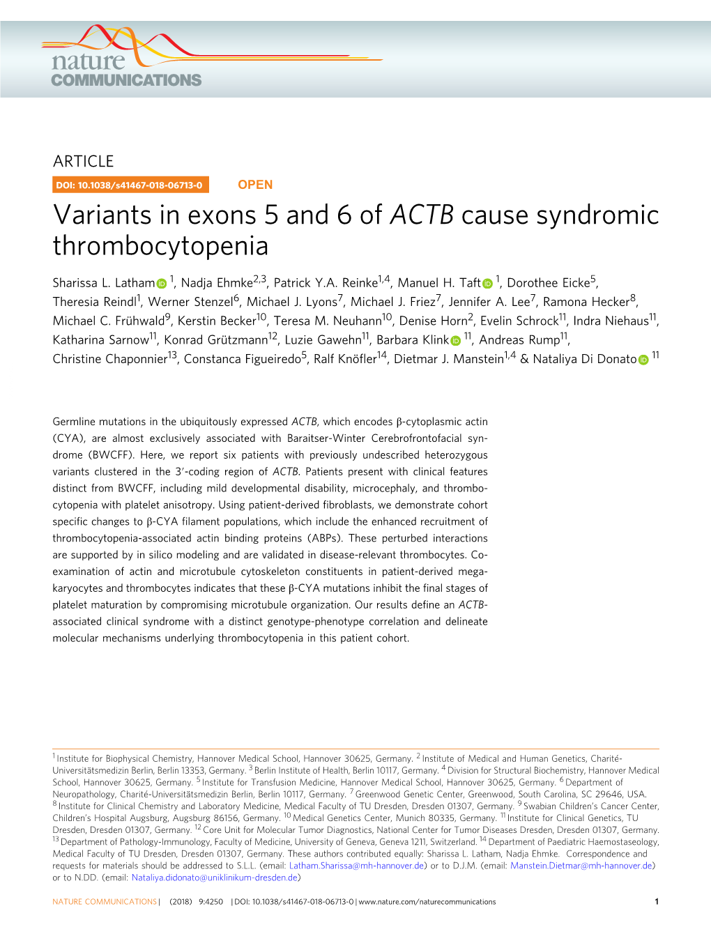 Variants in Exons 5 and 6 of ACTB Cause Syndromic Thrombocytopenia