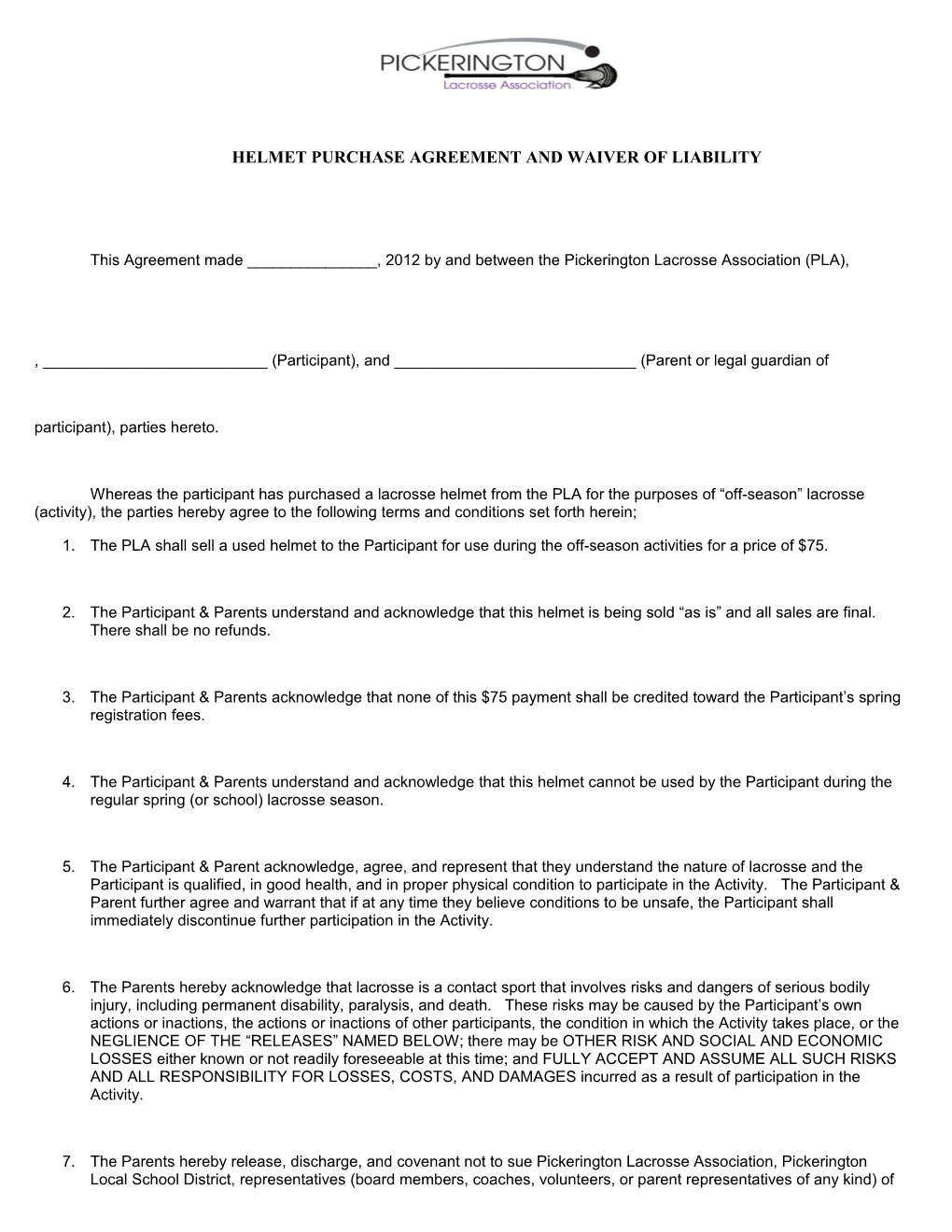 Equipment Usage Agreement and Waiver of Liability