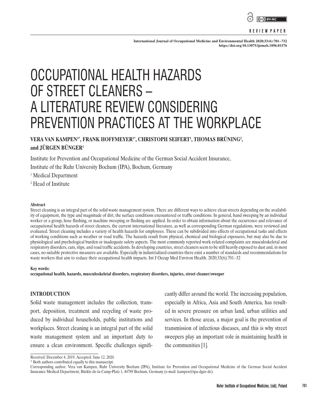 Occupational Health Hazards of Street Cleaners – A