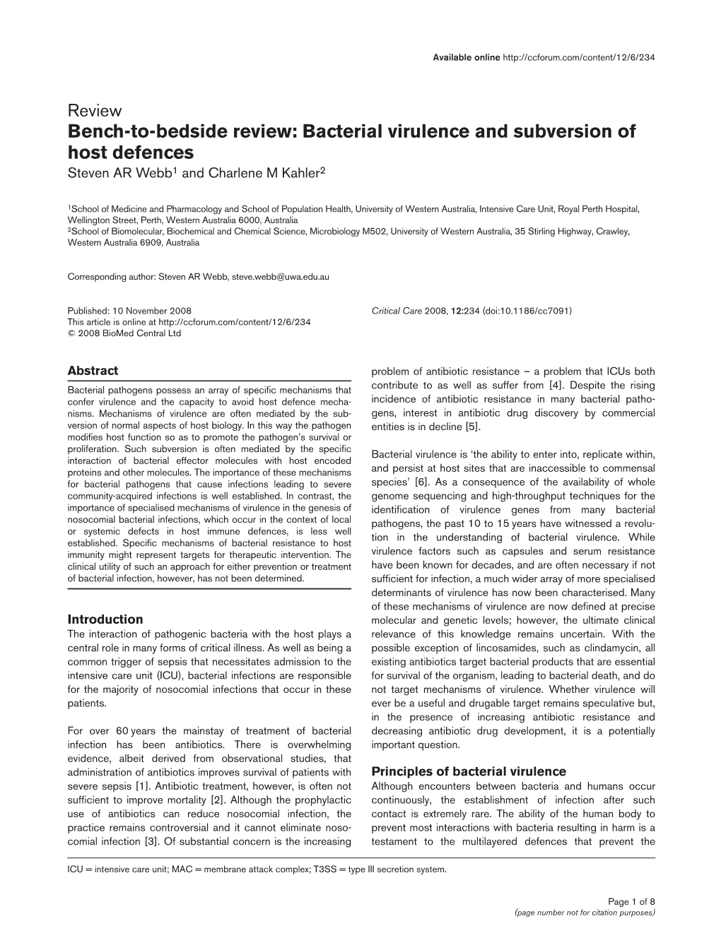 Bacterial Virulence and Subversion of Host Defences Steven AR Webb1 and Charlene M Kahler2