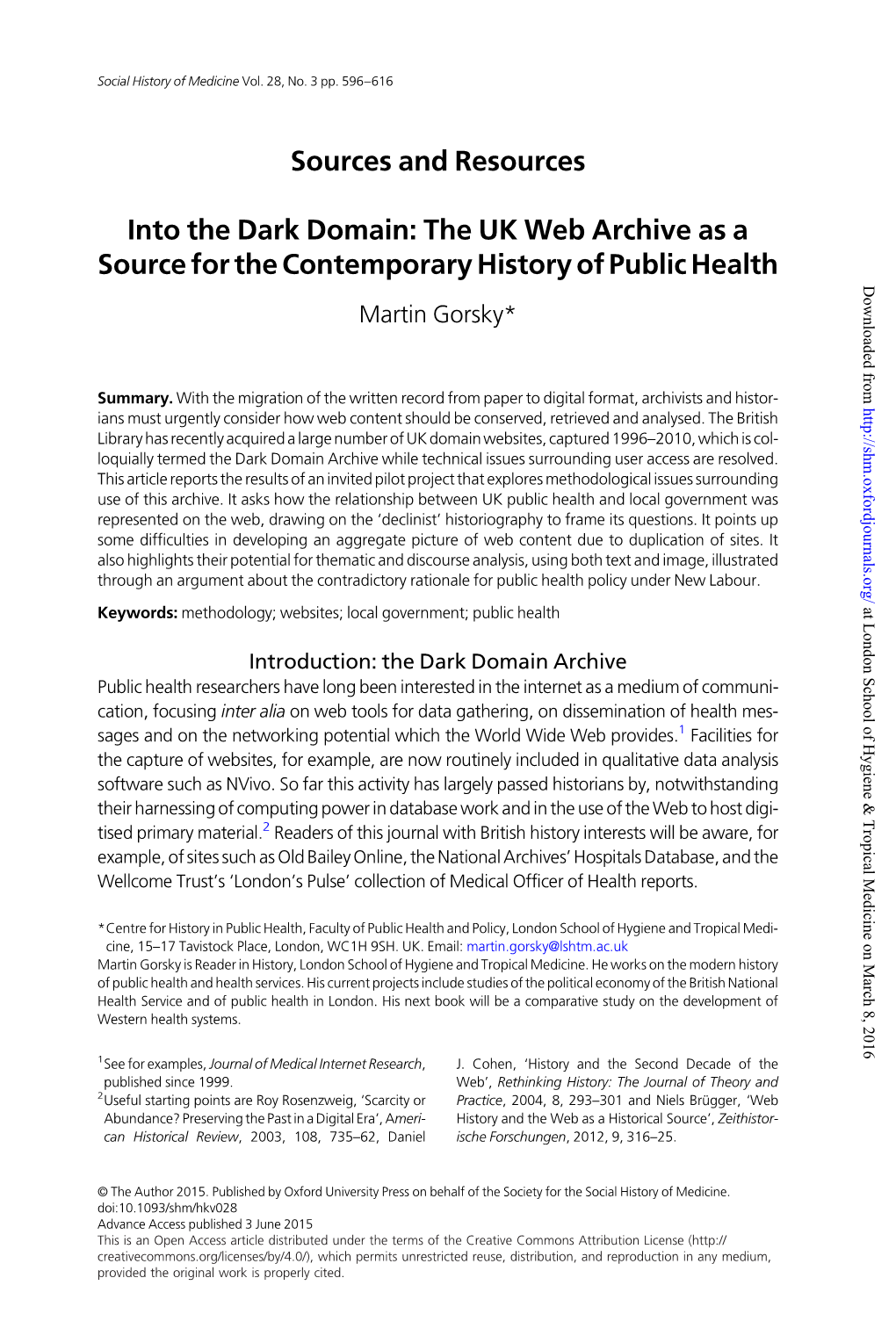 The UK Web Archive As a Source for the Contemporary History of Public Health Downloaded from Martin Gorsky*