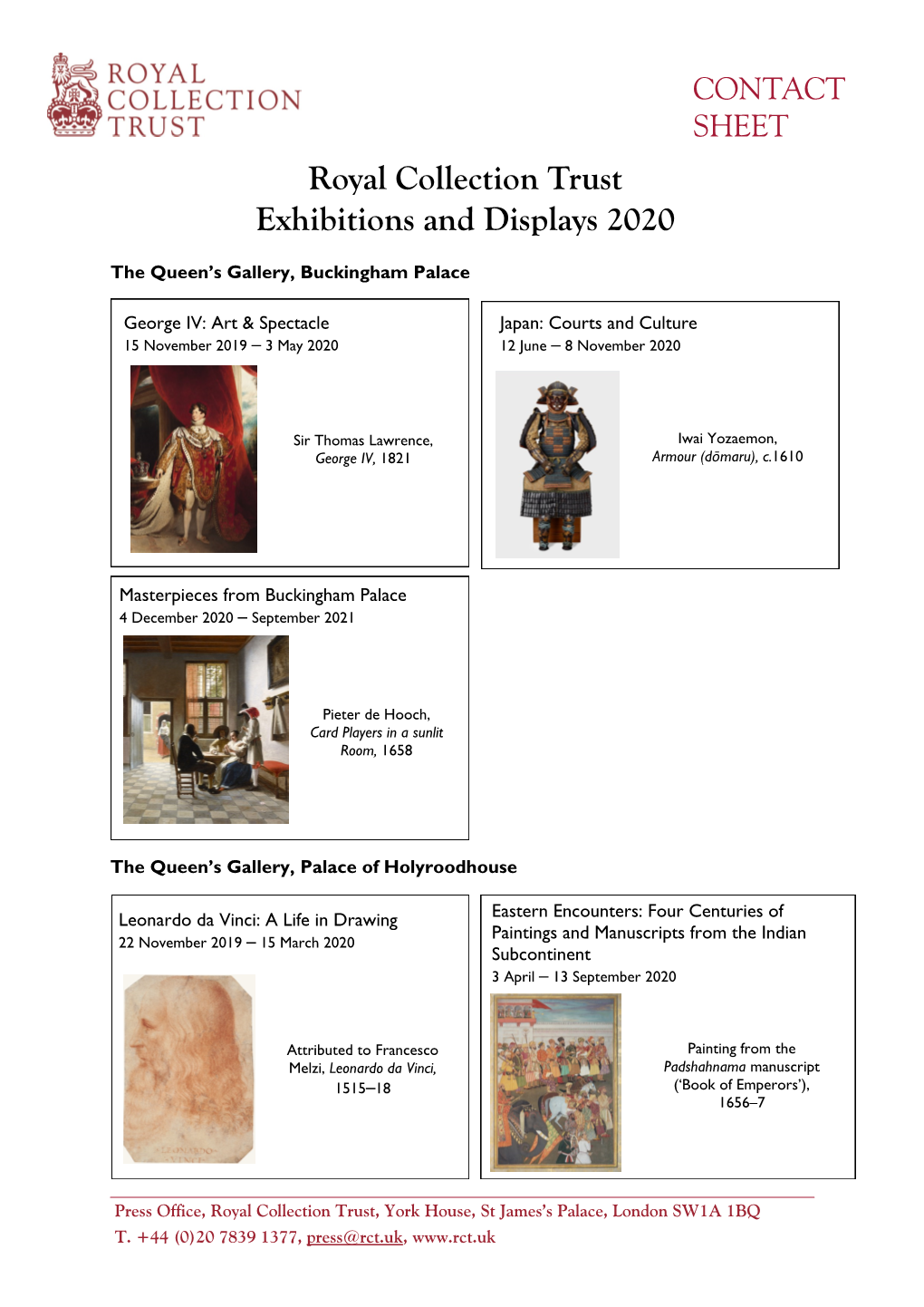 Royal Collection Trust Exhibitions and Displays 2020