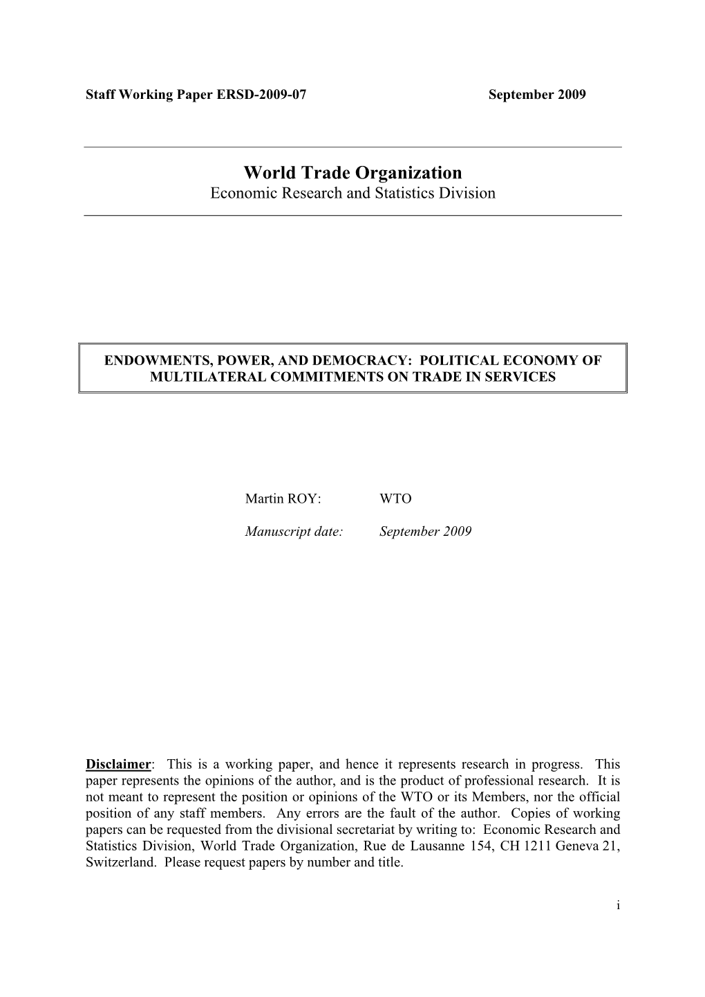 World Trade Organization Economic Research and Statistics Division