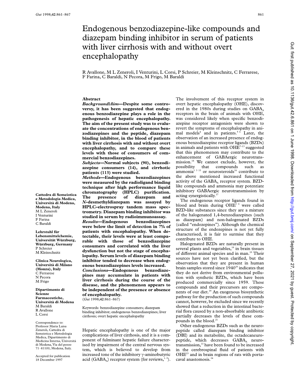 Endogenous Benzodiazepine-Like Compounds and Diazepam Binding Inhibitor in Serum of Patients Gut: First Published As 10.1136/Gut.42.6.861 on 1 June 1998