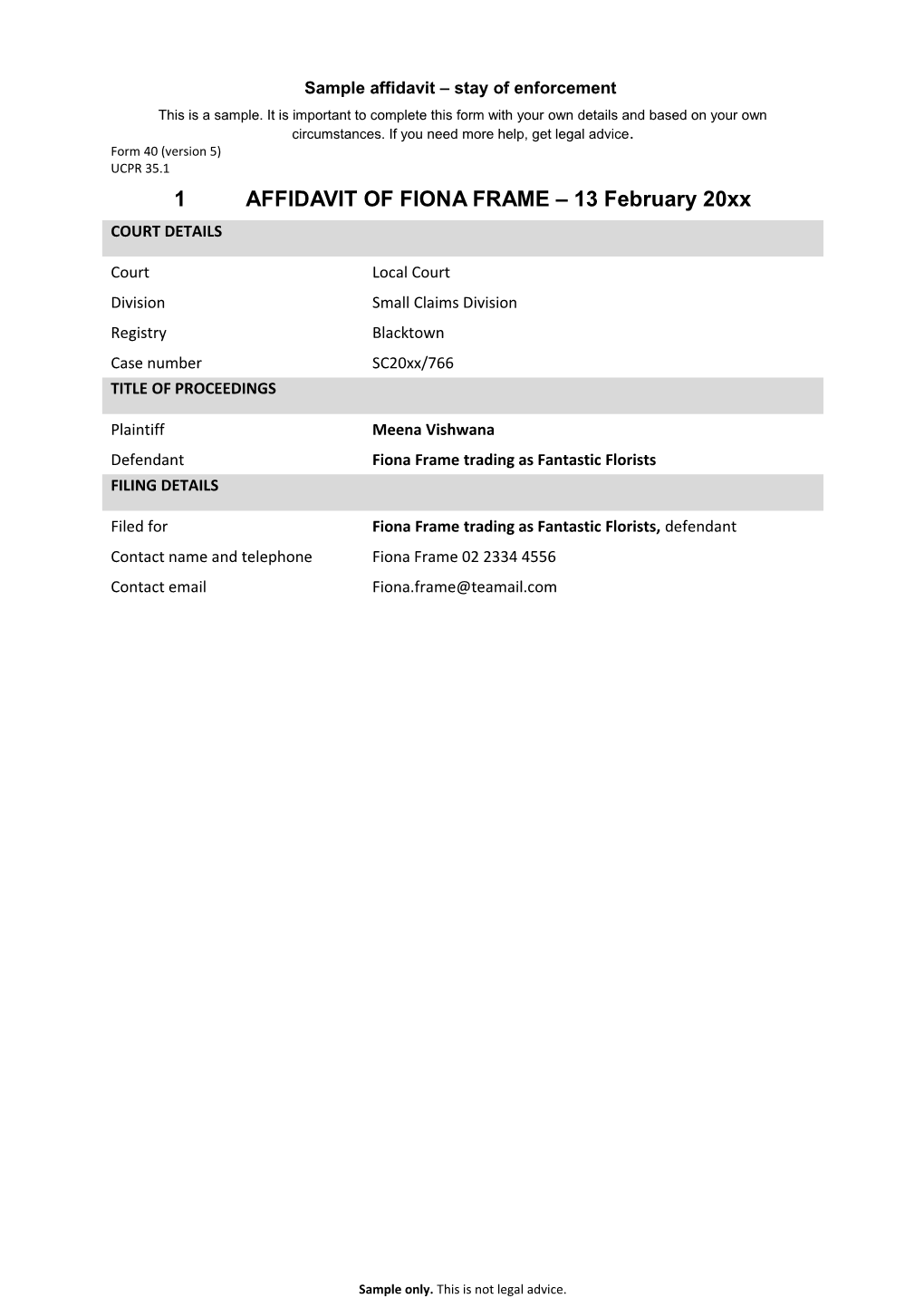 Form 40 - Affidavit Stay of Enforcement