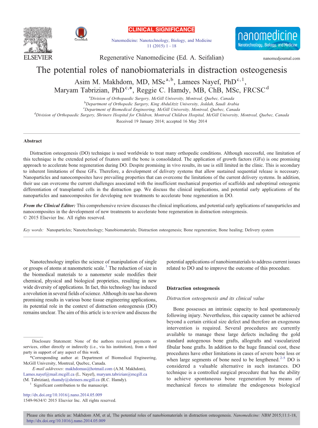 The Potential Roles of Nanobiomaterials in Distraction Osteogenesis Asim M