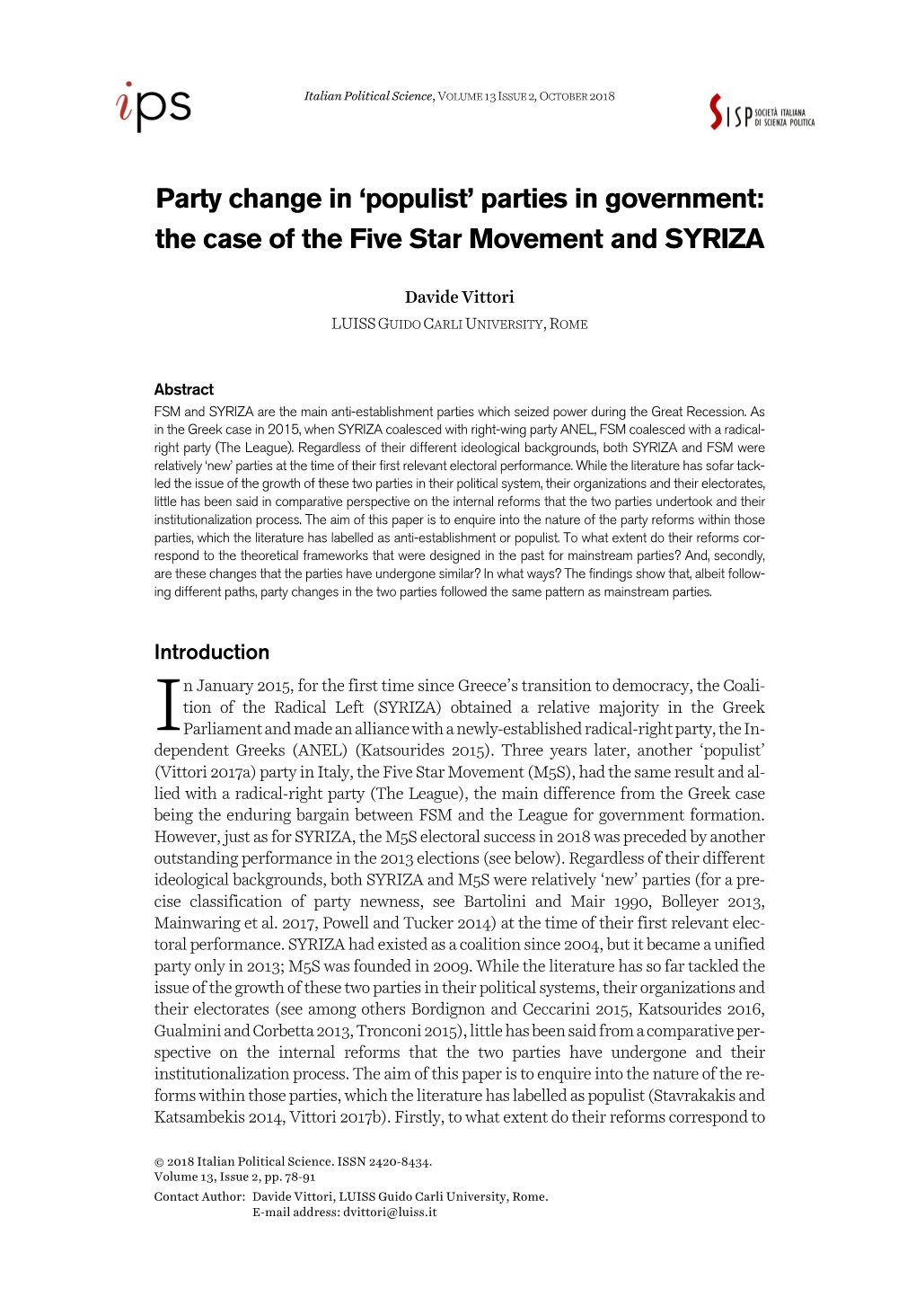 Parties in Government: the Case of the Five Star Movement and SYRIZA