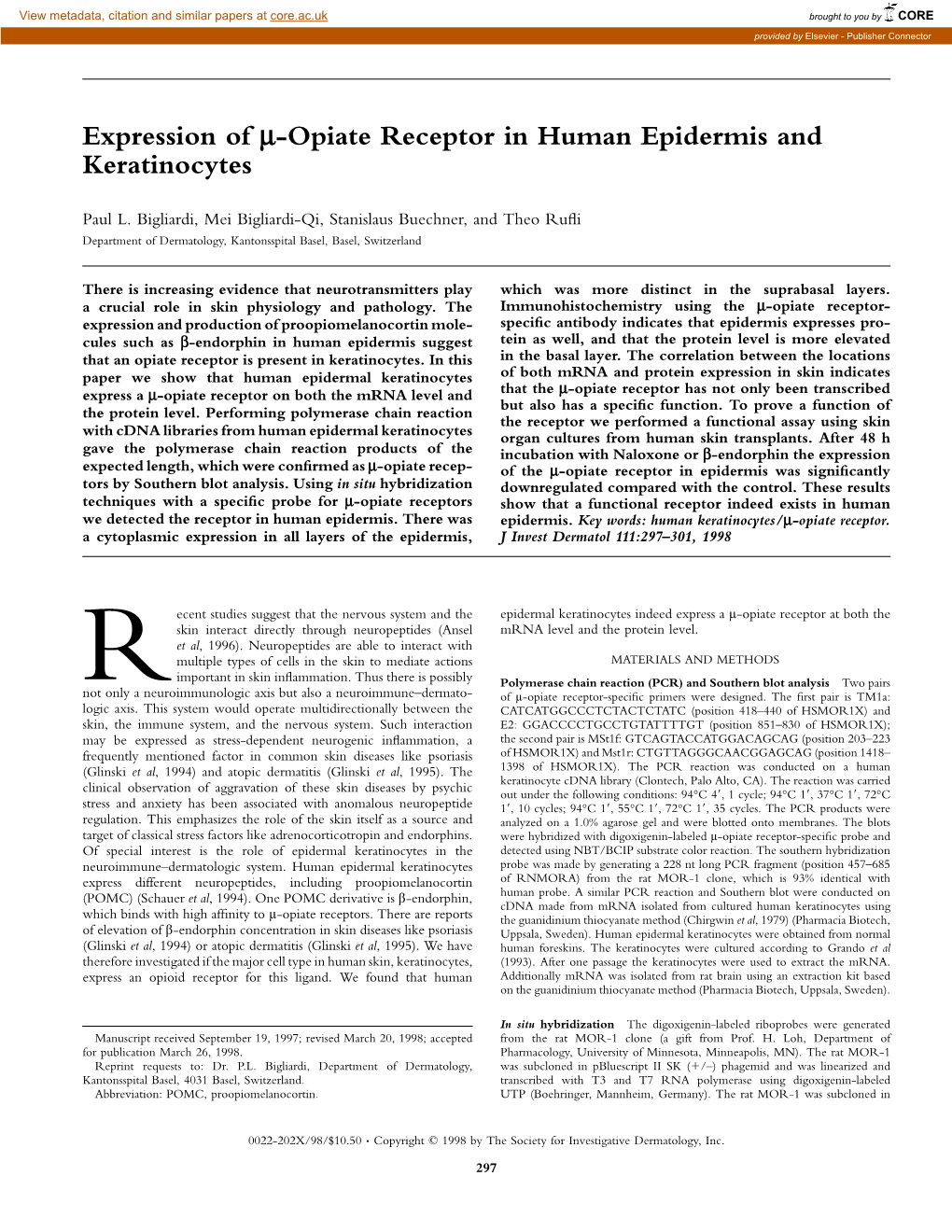 Expression of Μ-Opiate Receptor in Human Epidermis and Keratinocytes