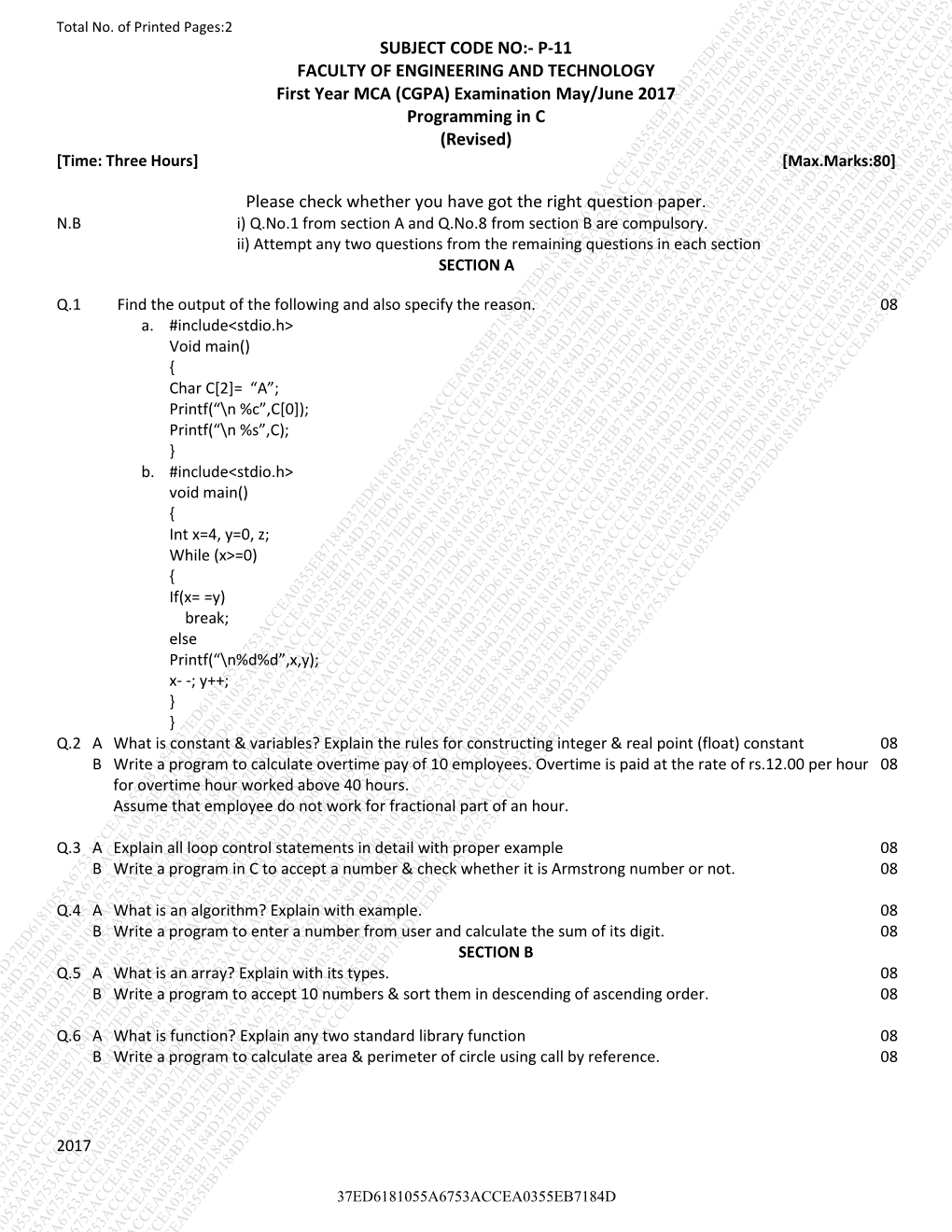 (CGPA) Examination May/June 2017 Programming in C (Revised) [Time: Three Hours] [Max.Marks:80]