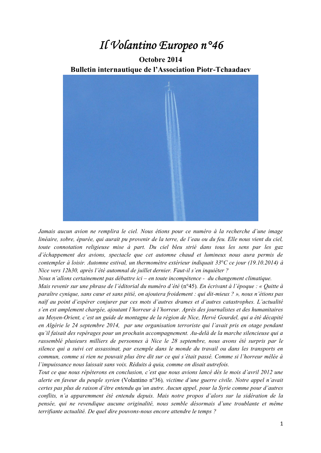 Il Volantino Europeo N°46 Octobre 2014 Bulletin Internautique De L’Association Piotr-Tchaadaev