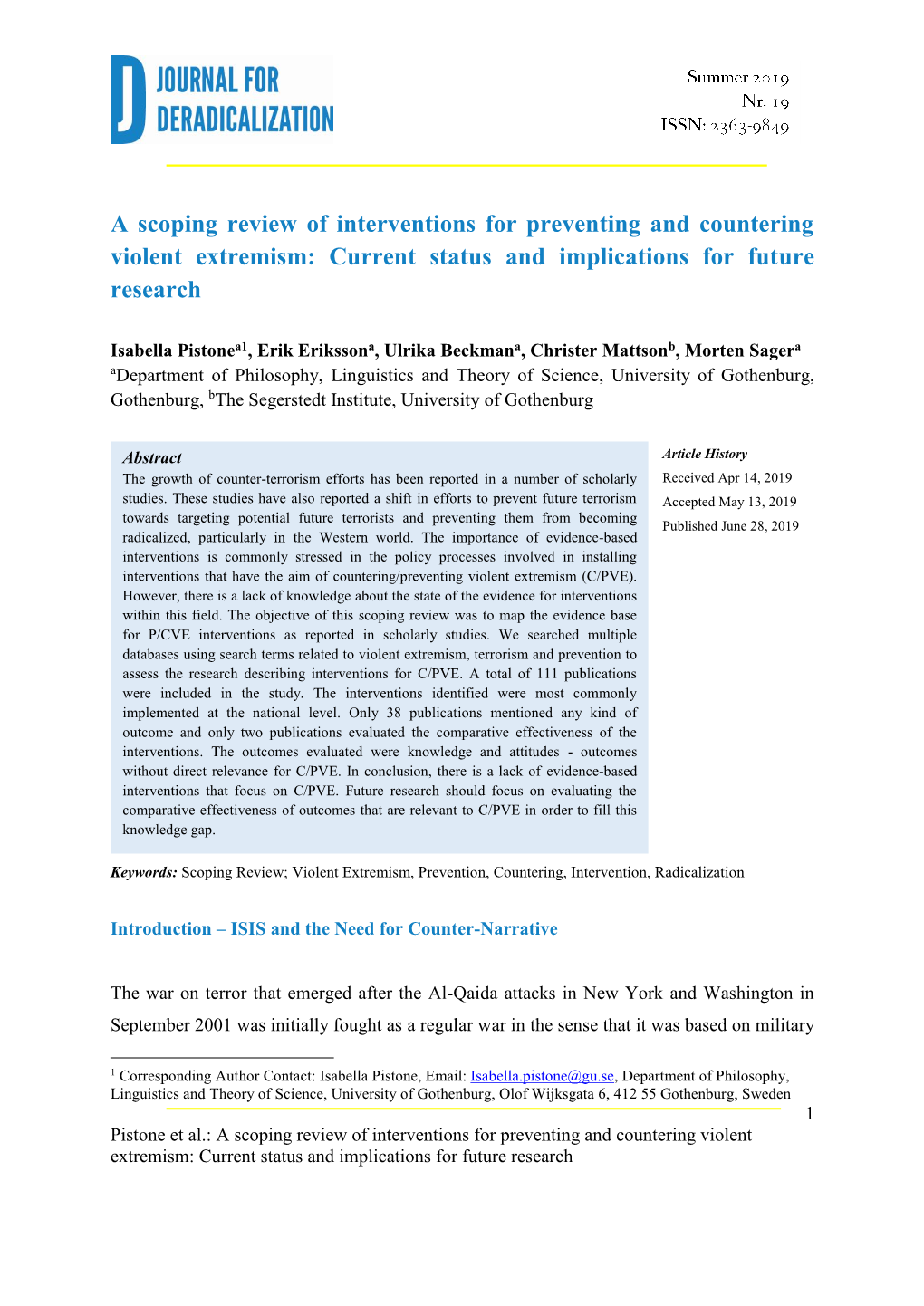 A Scoping Review of Interventions for Preventing and Countering Violent Extremism: Current Status and Implications for Future Research