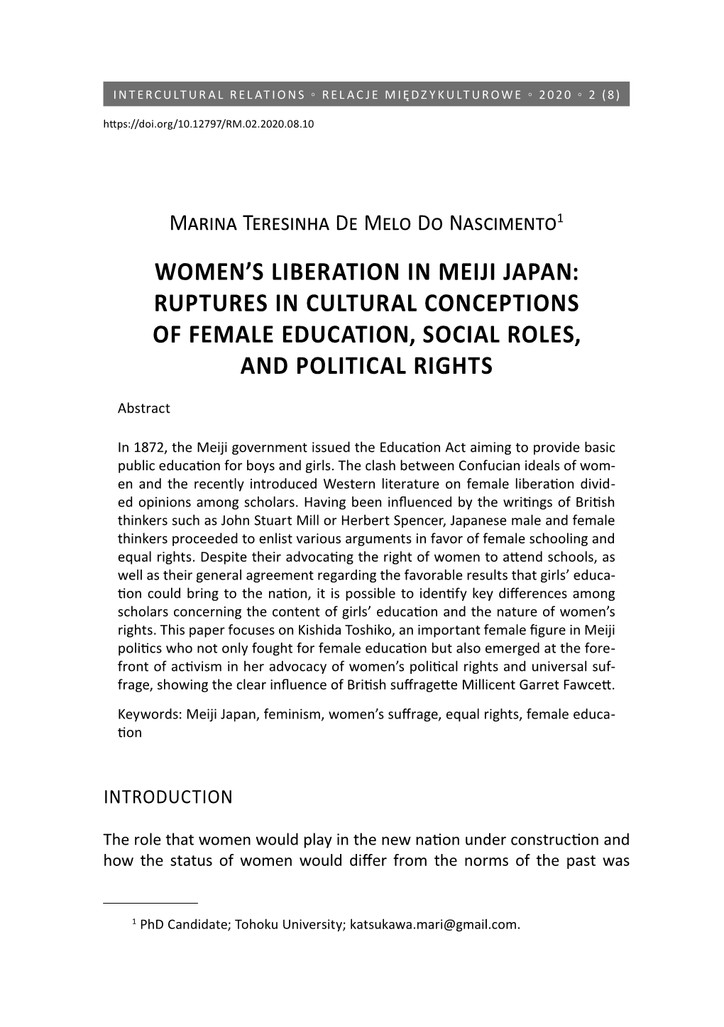 Women's Liberation in Meiji Japan: Ruptures in Cultural Conceptions Of