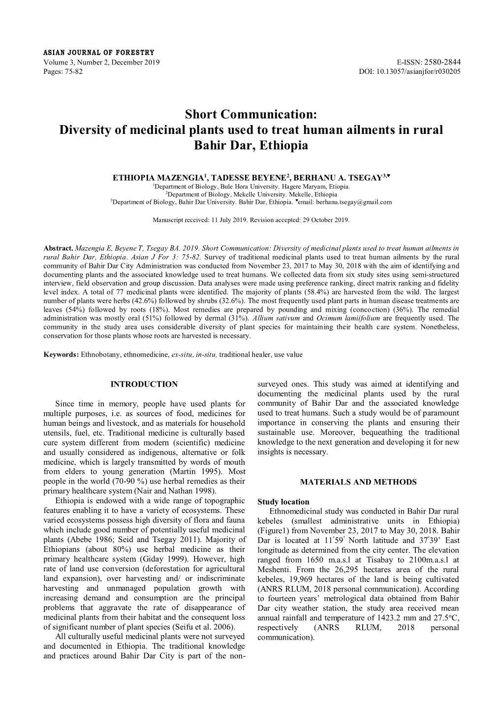 Diversity of Medicinal Plants Used to Treat Human Ailments in Rural Bahir Dar, Ethiopia