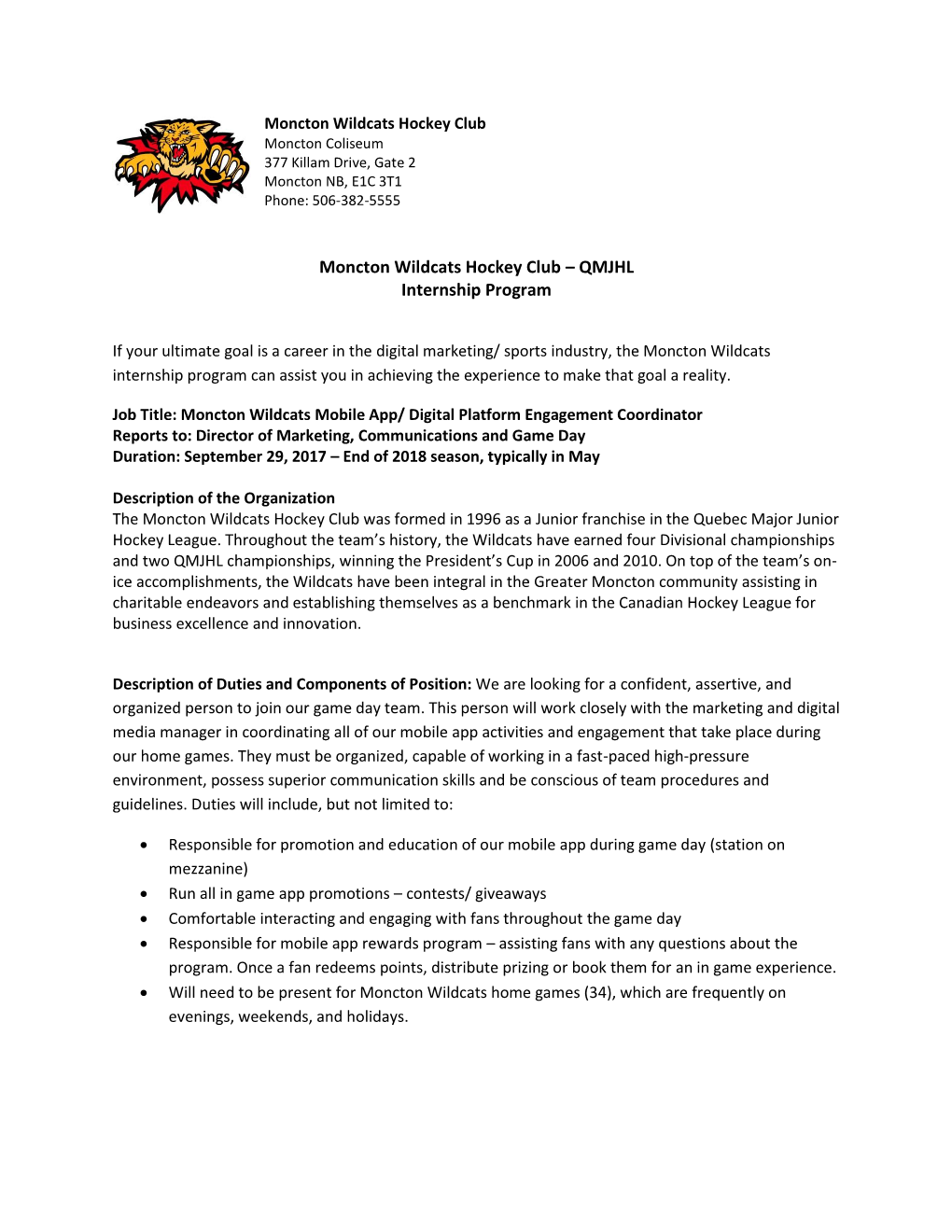 Moncton Wildcats Hockey Club – QMJHL Internship Program