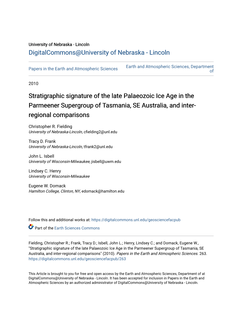 Stratigraphic Signature of the Late Palaeozoic Ice Age in the Parmeener Supergroup of Tasmania, SE Australia, and Inter- Regional Comparisons