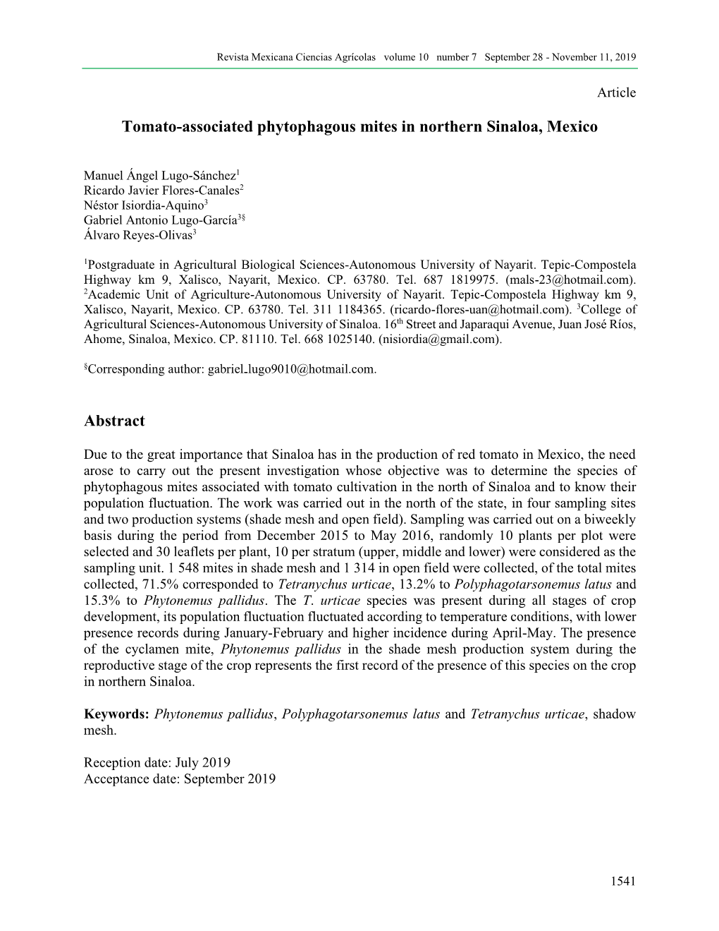 Tomato-Associated Phytophagous Mites in Northern Sinaloa, Mexico