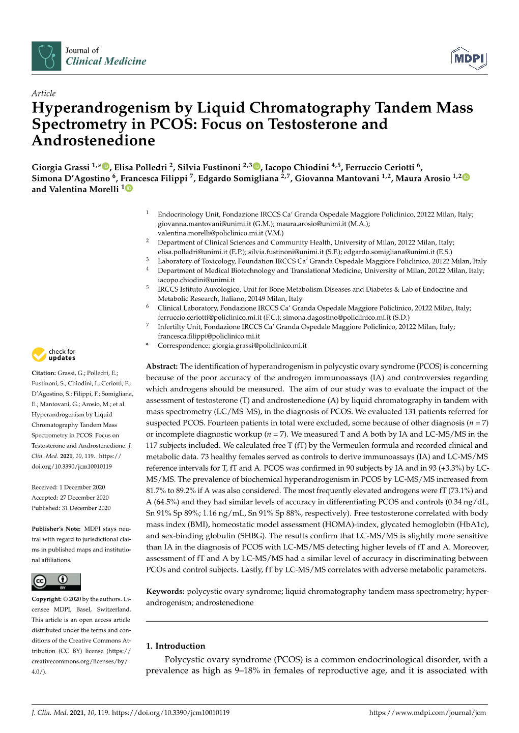 Hyperandrogenism by Liquid Chromatography Tandem Mass Spectrometry in PCOS: Focus on Testosterone and Androstenedione