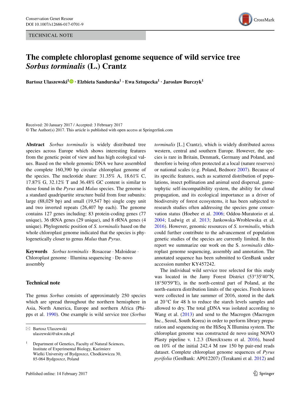 The Complete Chloroplast Genome Sequence of Wild Service Tree Sorbus Torminalis (L.) Crantz