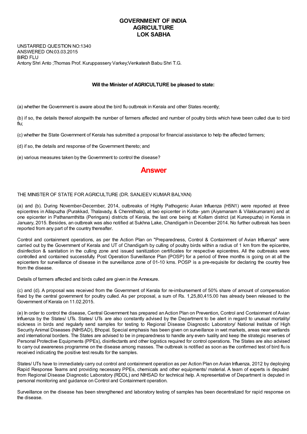 ANSWERED ON:03.03.2015 BIRD FLU Antony Shri Anto ;Thomas Prof